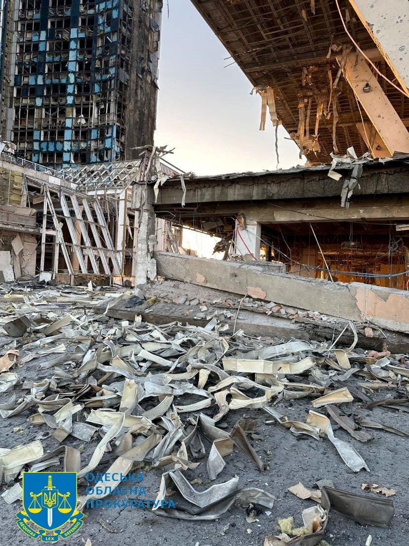 Destroyed buildings following the missile and drone strike on Odessa