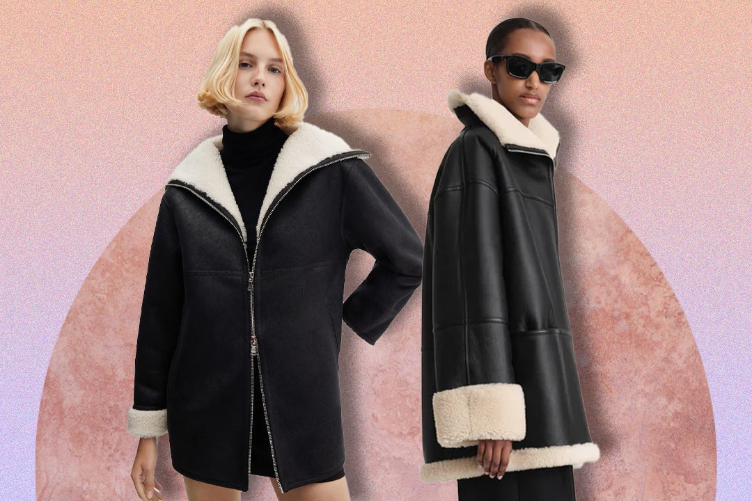 The designer coat features a lambskin suede outer teamed with an off-white shearling interior