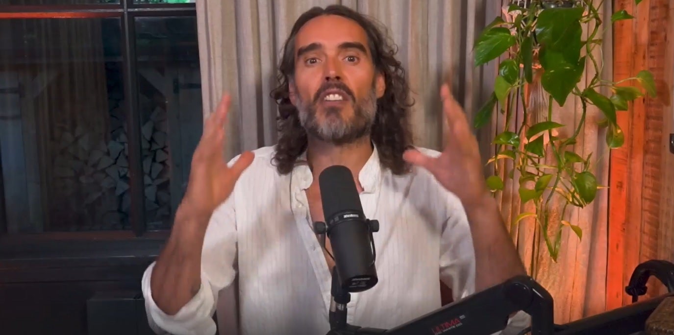 Russell Brand appearing on his Rumble channel on Monday evening