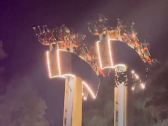 Riders on the Lumberjack ride at Canada’s Wonderland in Ontario are stuck upside down for nearly half-an-hour