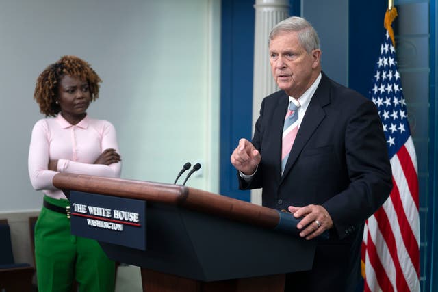 <p>Agriculture Secretary Tom Vilsack speaks during a press briefing at the White House as White House press secretary Karine Jean-Pierre looks on </p>