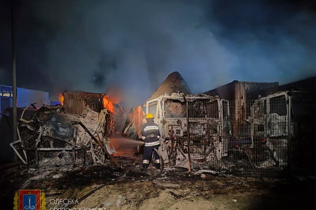 <p>Firefighters battle the flames after Odesa region hit by Russian air strikes again</p>