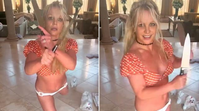 <p>Britney Spears dances with ‘carving knives’ in new Instagram video.</p>