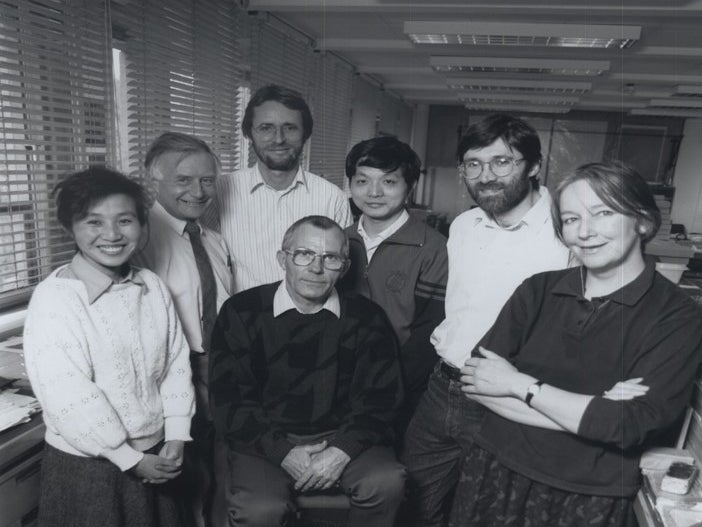 Frances Wood (right) and other experts pose with visiting Chinese conservators at the British Library