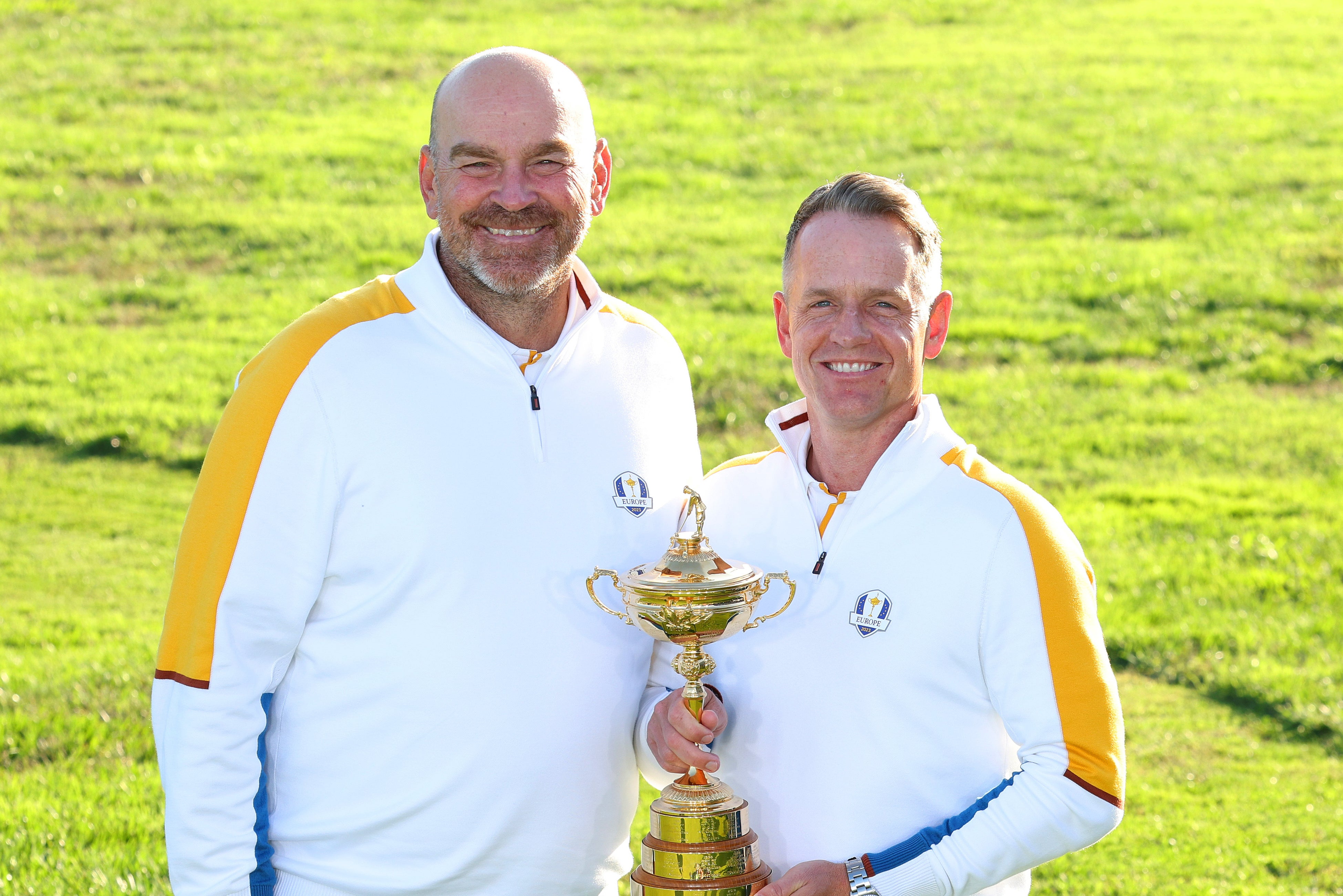Vice-captain Thomas Bjorn and captain Luke Donald pose with the Ryder Cup trophy ahead of the tournament in Rome