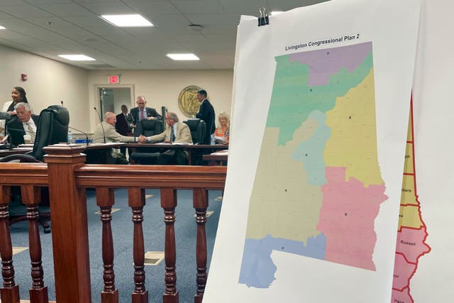 <p>A map of a GOP proposal to redraw Alabama’s congressional districts is displayed at the Alabama Statehouse in Montgomery in July 2023. </p>