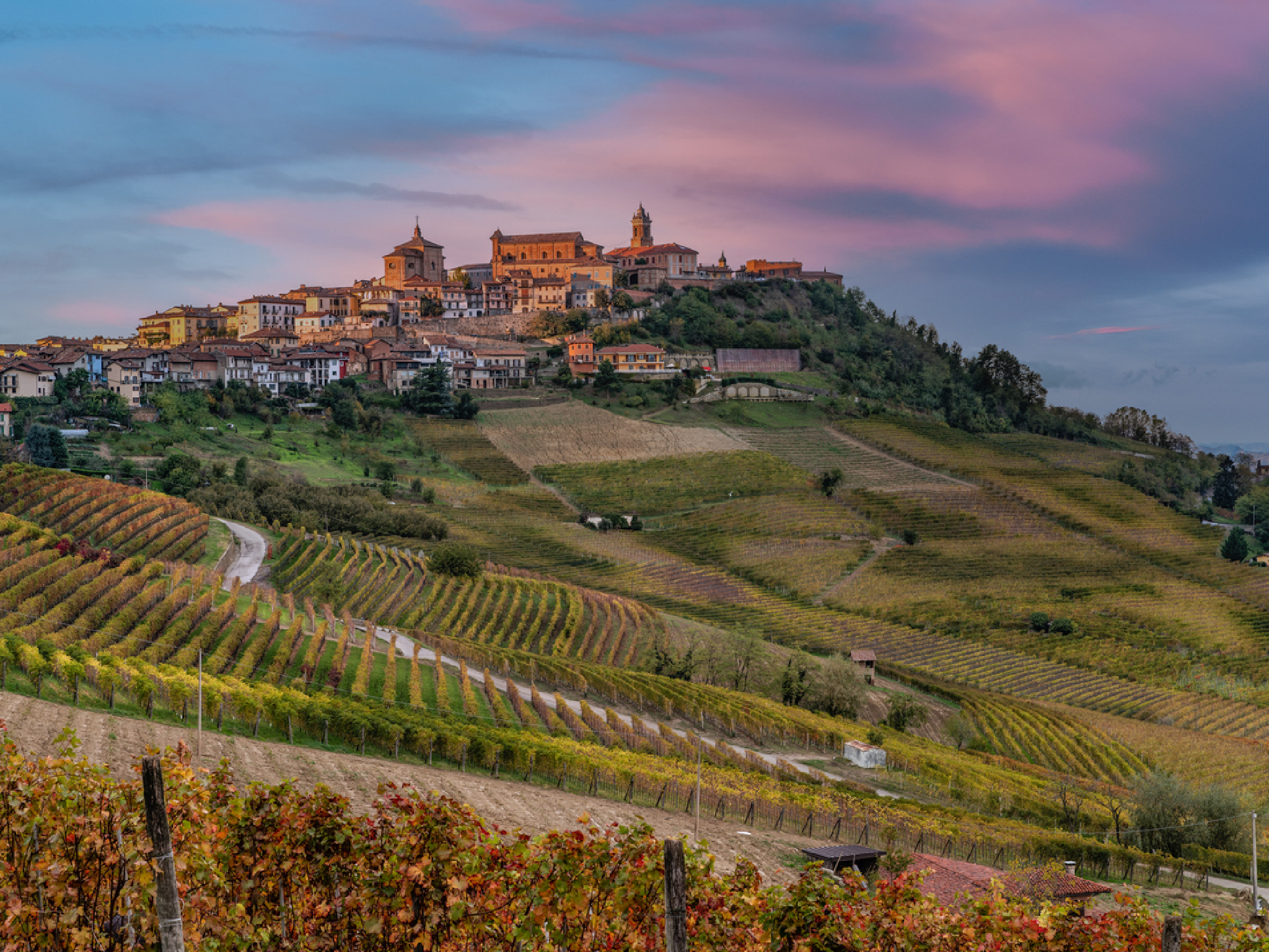 Terracotta hilltop towns overlook sprawling vineyards in the Piedmont region of Italy