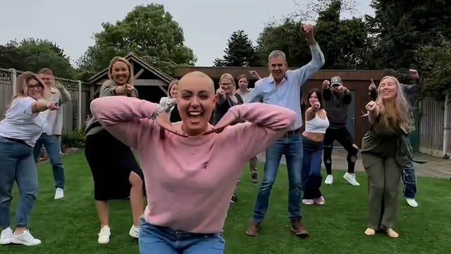 <p>Strictly’s Amy Dowden dances with family after shaving head during cancer treatment.</p>