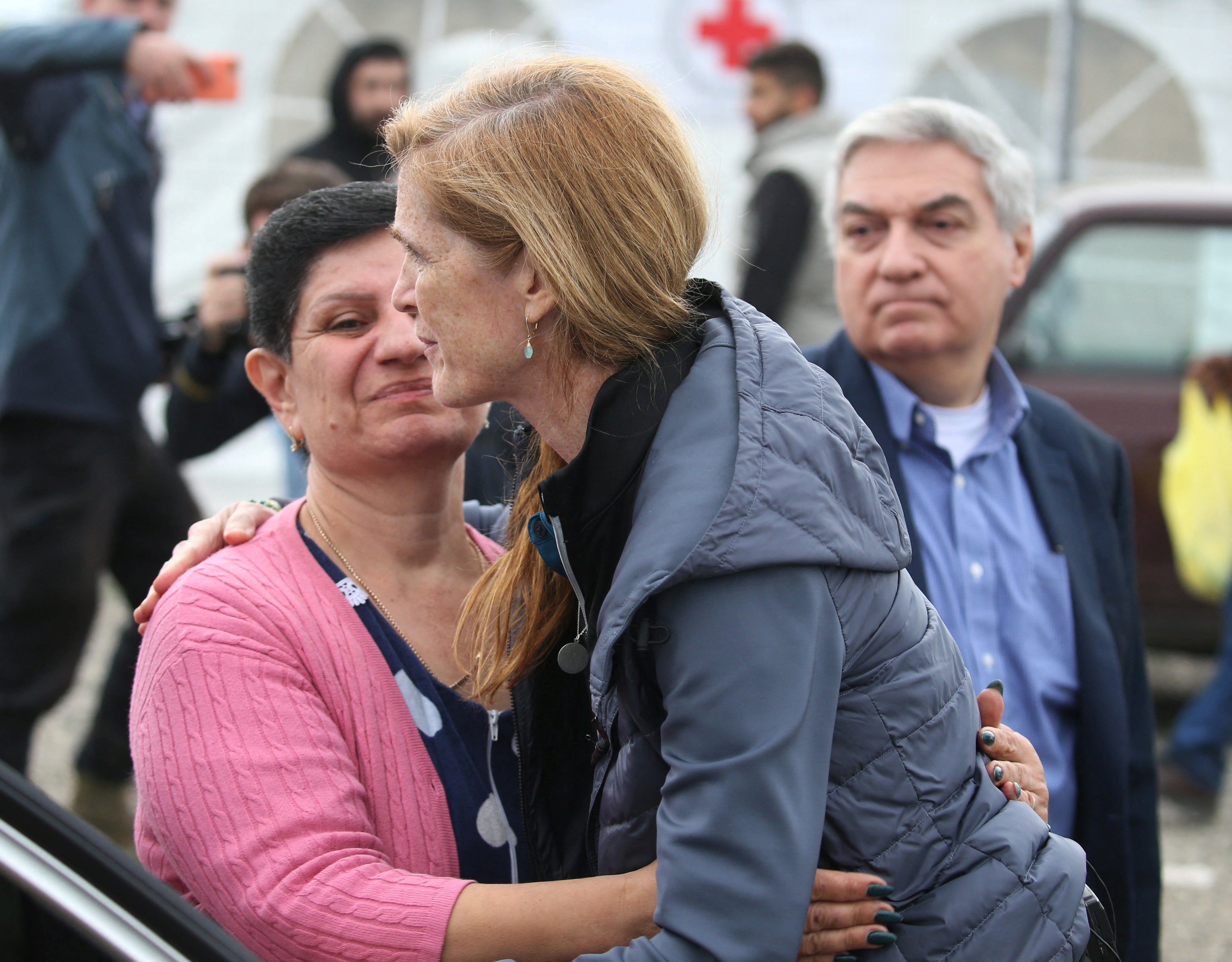 USAID’s Samantha Power hugs refugees at the border village of Kornidzor, Armenia