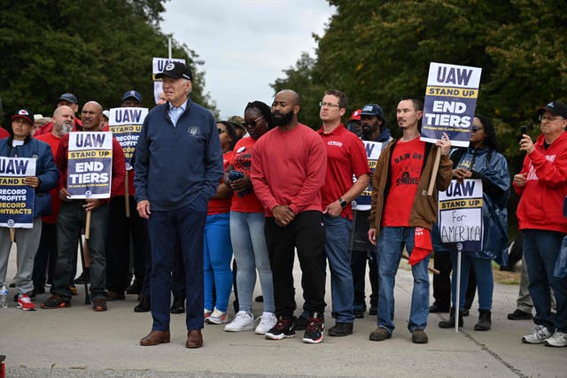 <p>US President Joe Biden joins a picket line with members of the United Auto Workers (UAW) union at a General Motors Service Parts Operations plant in Belleville, Michigan, on September 26, 2023</p>