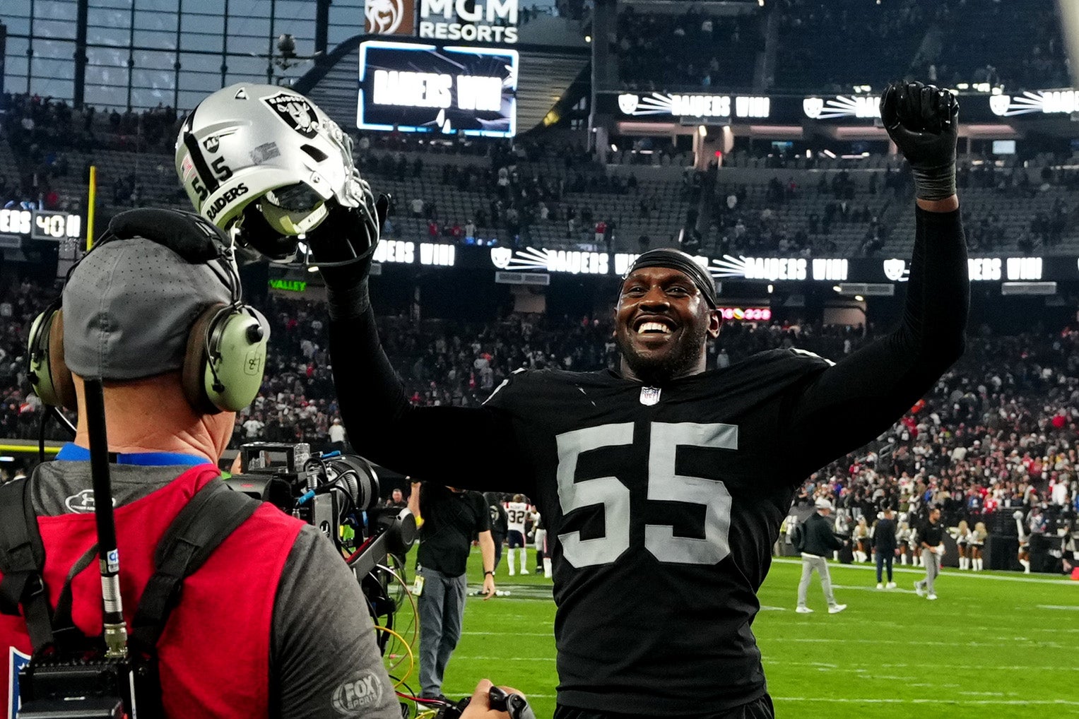 Chandler Jones #55 of the Las Vegas Raiders celebrates after a game against the New England Patriots at Allegiant Stadium on December 18, 2022 in Las Vegas, Nevada