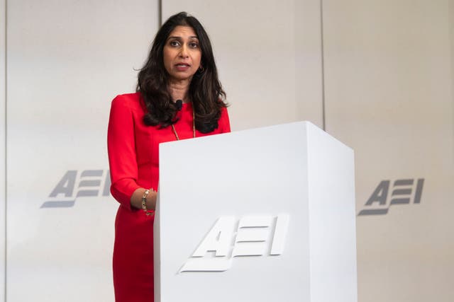 <p>File. Britain’s Home Secretary Suella Braverman speaks on immigration at the American Enterprise Institute on Tuesday, 26 September 2023, in Washington</p>