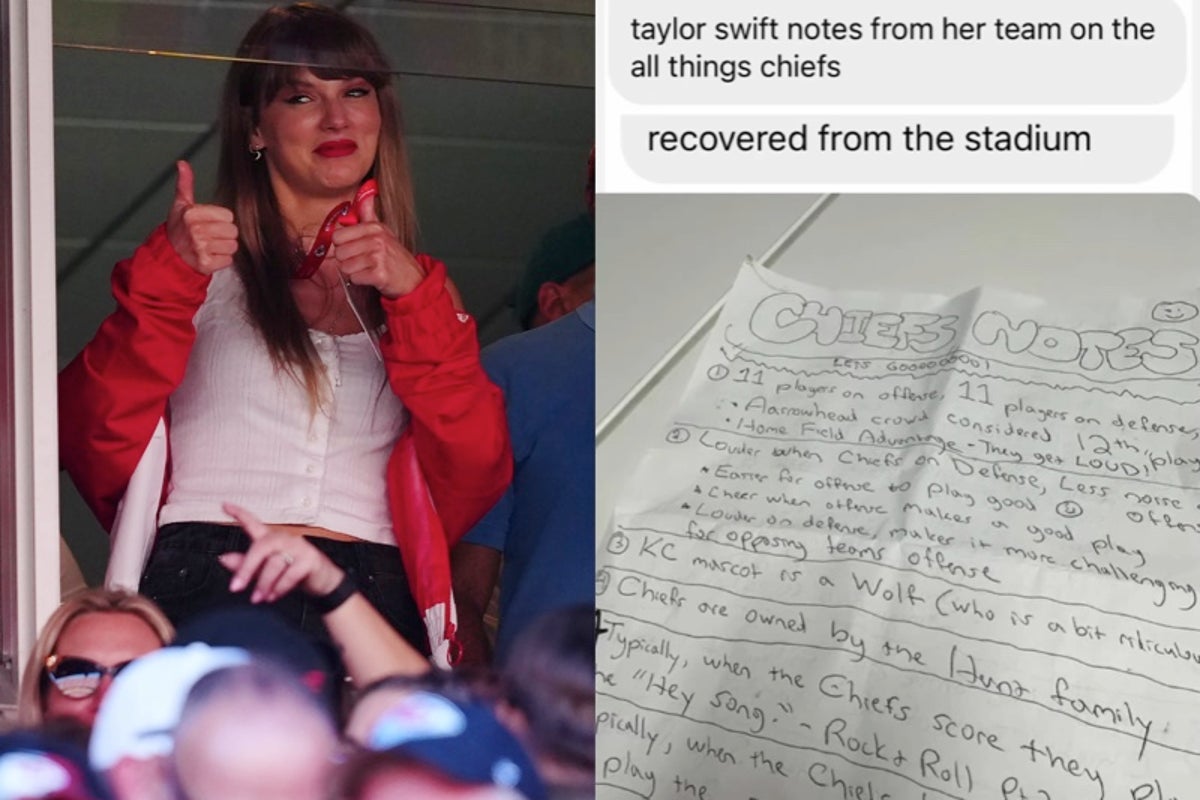 Travis Kelce's publicist denies viral handwritten football cheat sheet belongs to Taylor Swift | The Independent