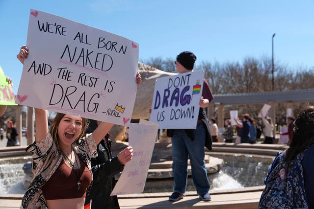 <p>More than 50 people gathered on Tuesday 21 March 2023 at West Texas A&M University in Canyon, Texas, to protest the university president's decision to cancel a drag show on campus</p>