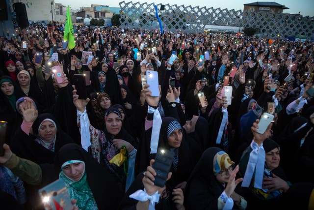 <p>Tehran, Iran. Shiite Muslim women participate in the celebration ‘Pledge of Allegiance’ on anniversary of the beginning leadership Imam Mahdi (the 12th Imam of Shiites) in Imam Hossein Square, Tehran</p>