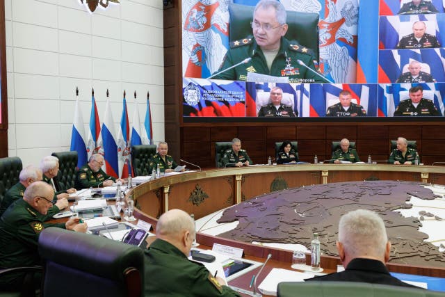 <p>Commander of the Russian Black Sea fleet Viktor Sokolov, who has been claimed to be killed in the September 22 strike on the Navy headquarters in the city of Sevastopol, appears on the screen at the meeting that Russian defence minister Sergei Shoigu holds with Ministry officials in Moscow</p>