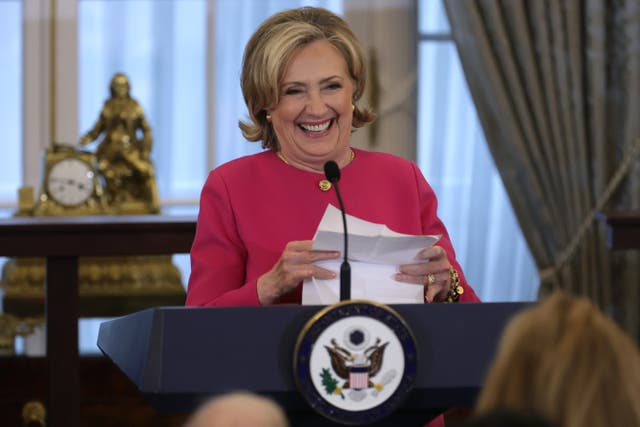<p>Former US Secretary of State Hillary Clinton speaks during an unveiling of her portrait at the State Department in Washington, DC</p>