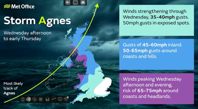 Storm Agnes path from Wednesday to Thursday
