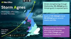 Storm Agnes tracker: When and where 80mph winds will hit over next 24 hours