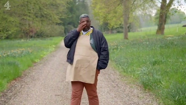 <p>Great British Bake Off star breaks down in tears as he’s first contestant eliminated from show</p>