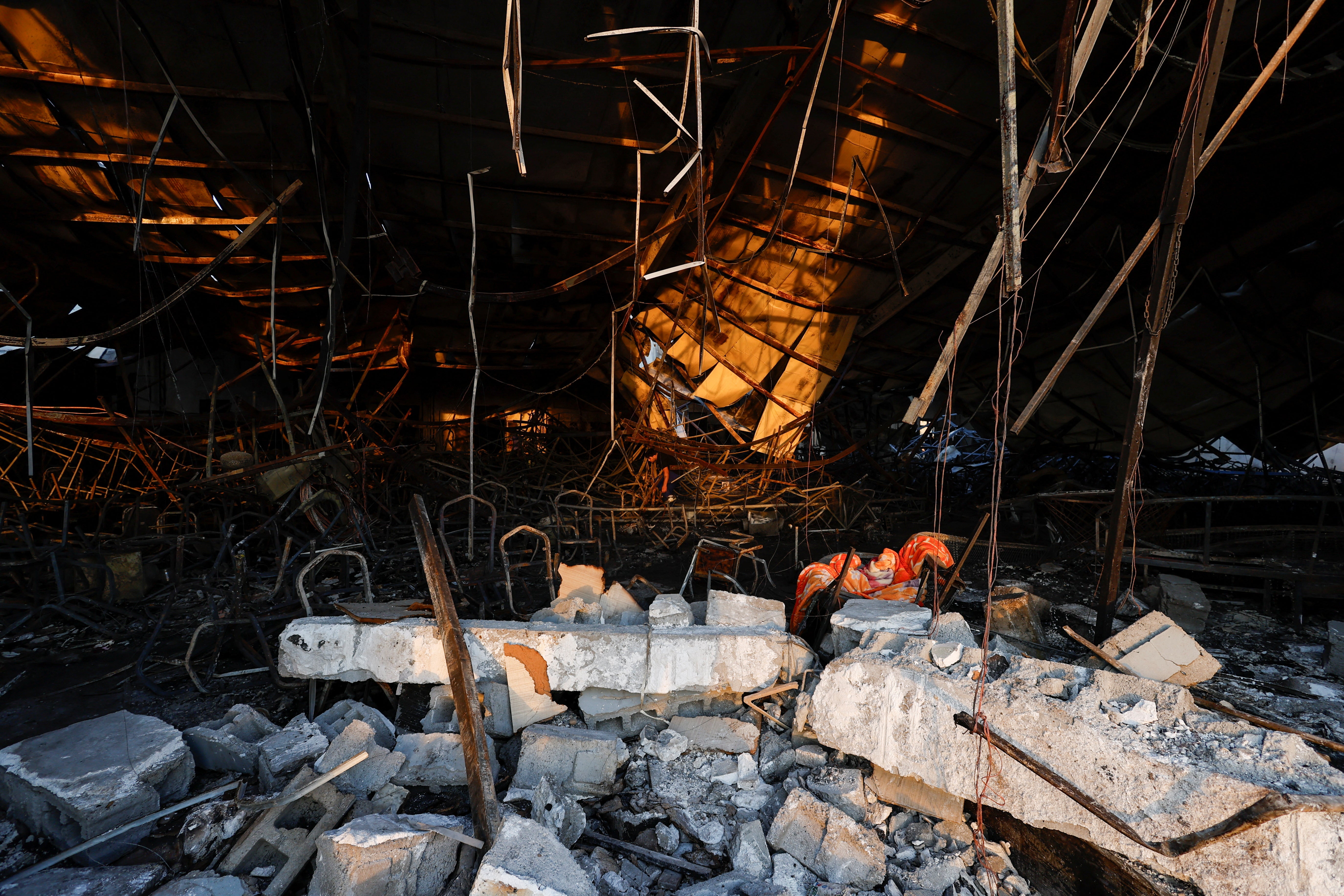 A view of the damage at the site following a fatal fire at a wedding celebration, in the district of Hamdaniya in Iraq’s Nineveh province, Iraq, 27 September 2023