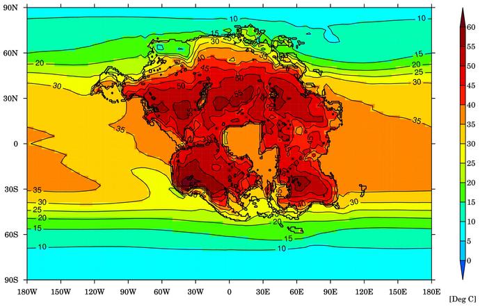 Image shows the warmest month average temperature (degrees Celsius) for Earth and the projected supercontinent (Pangea Ultima) in 250 million years, when it would be difficult for almost any mammals to survive