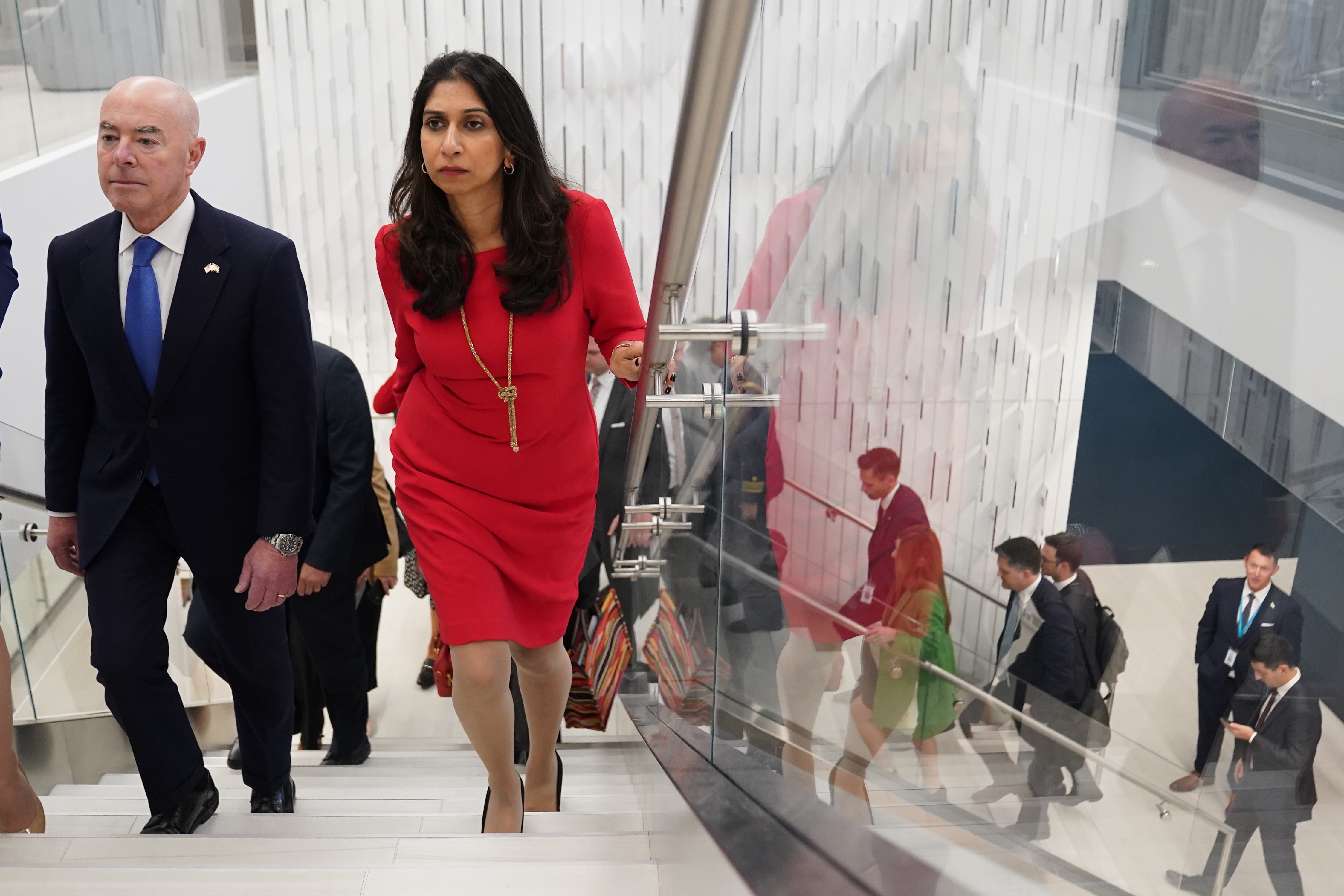 Home Secretary Suella Braverman with United States Secretary of Homeland Security Alejandro Mayorkas at National Center for Missing & Exploited Children during her three-day visit to the US (Stefan Rousseau/PA)