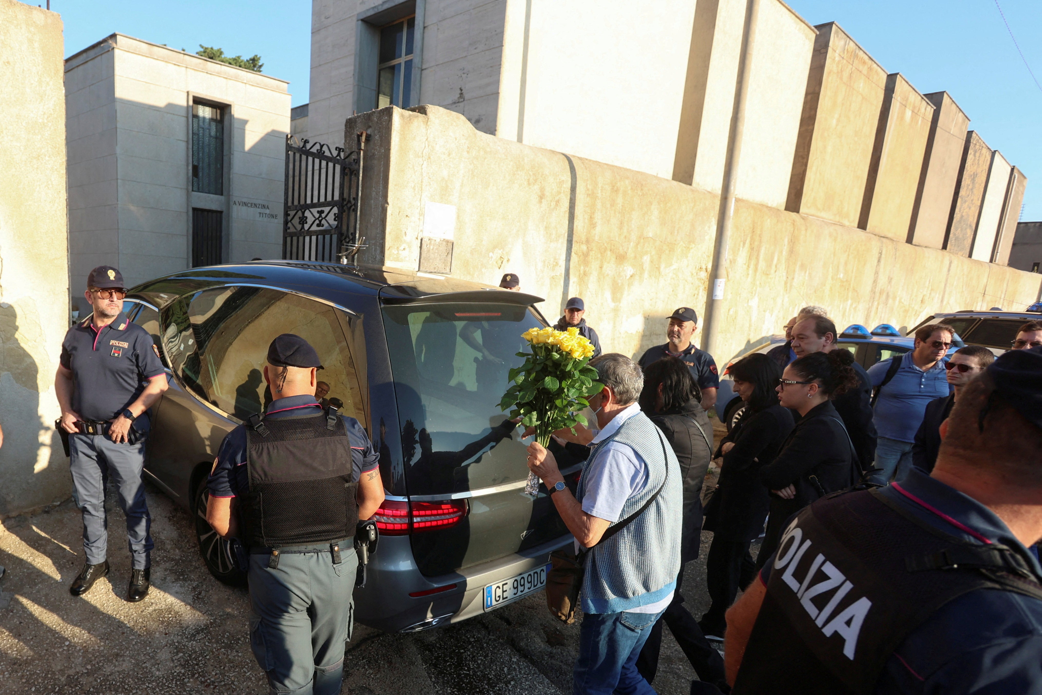 The hearse carrying late mafia boss Matteo Messina Denaro arrives at the cemetery in the Sicilian town of Castelvetrano