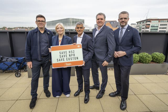 Labour mayors Andy Burnham, Mayor of Greater Manchester, Tracy Brabin, Mayor of West Yorkshire, Sadiq Khan, Mayor of London, Steve Rotheram, Mayor of the Liverpool City Region, and Oliver Coppard, Mayor of South Yorkshire, at Arcadis in Leeds to make a unified plea to the Prime Minister not to scale back HS2 any further (Danny Lawson/PA)
