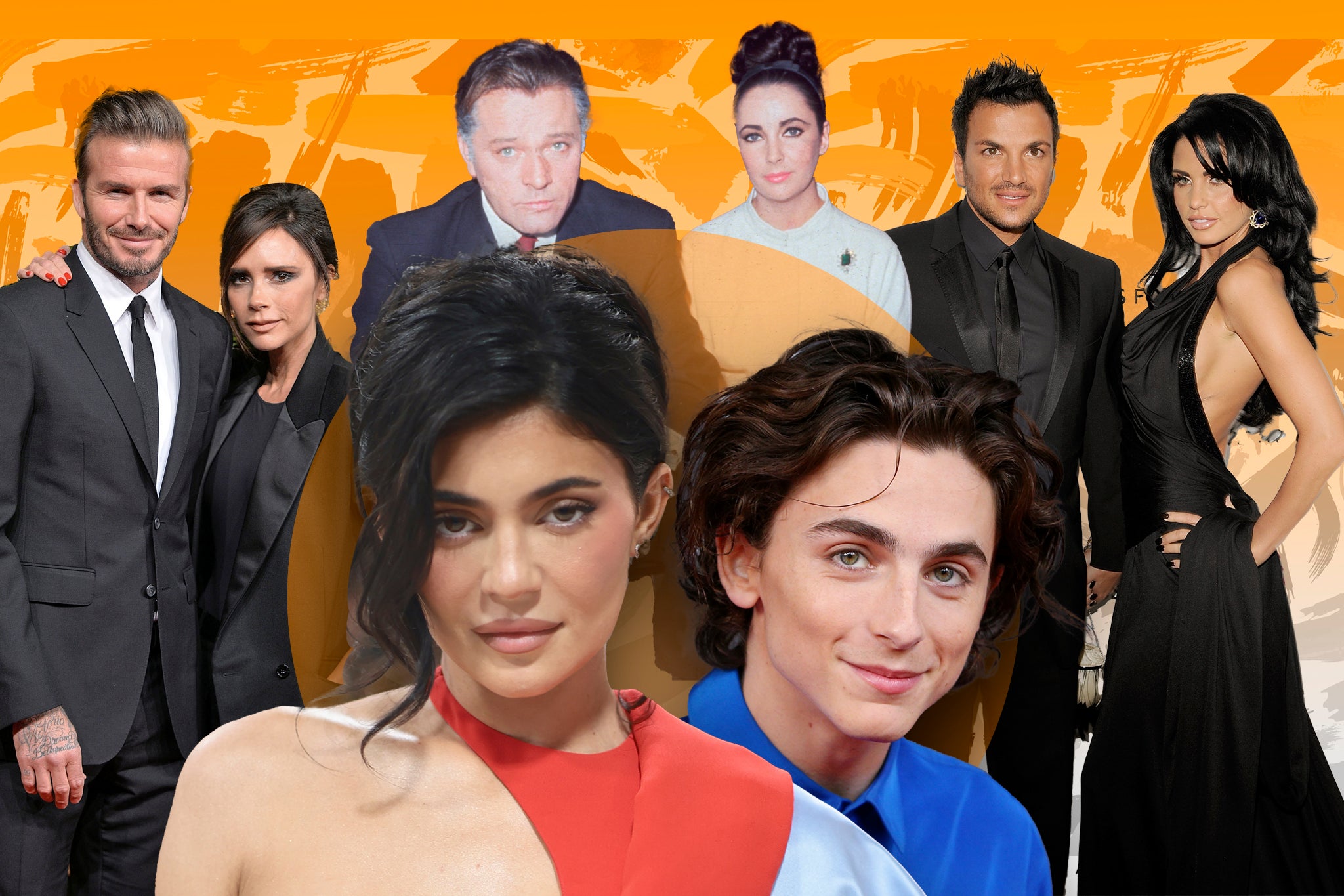 Celebrity couples past and present: David and Victoria Beckham, Richard Burton and Elizabeth Taylor, Peter Andre and Katie Price, Kylie Jenner and Timothee Chalamet