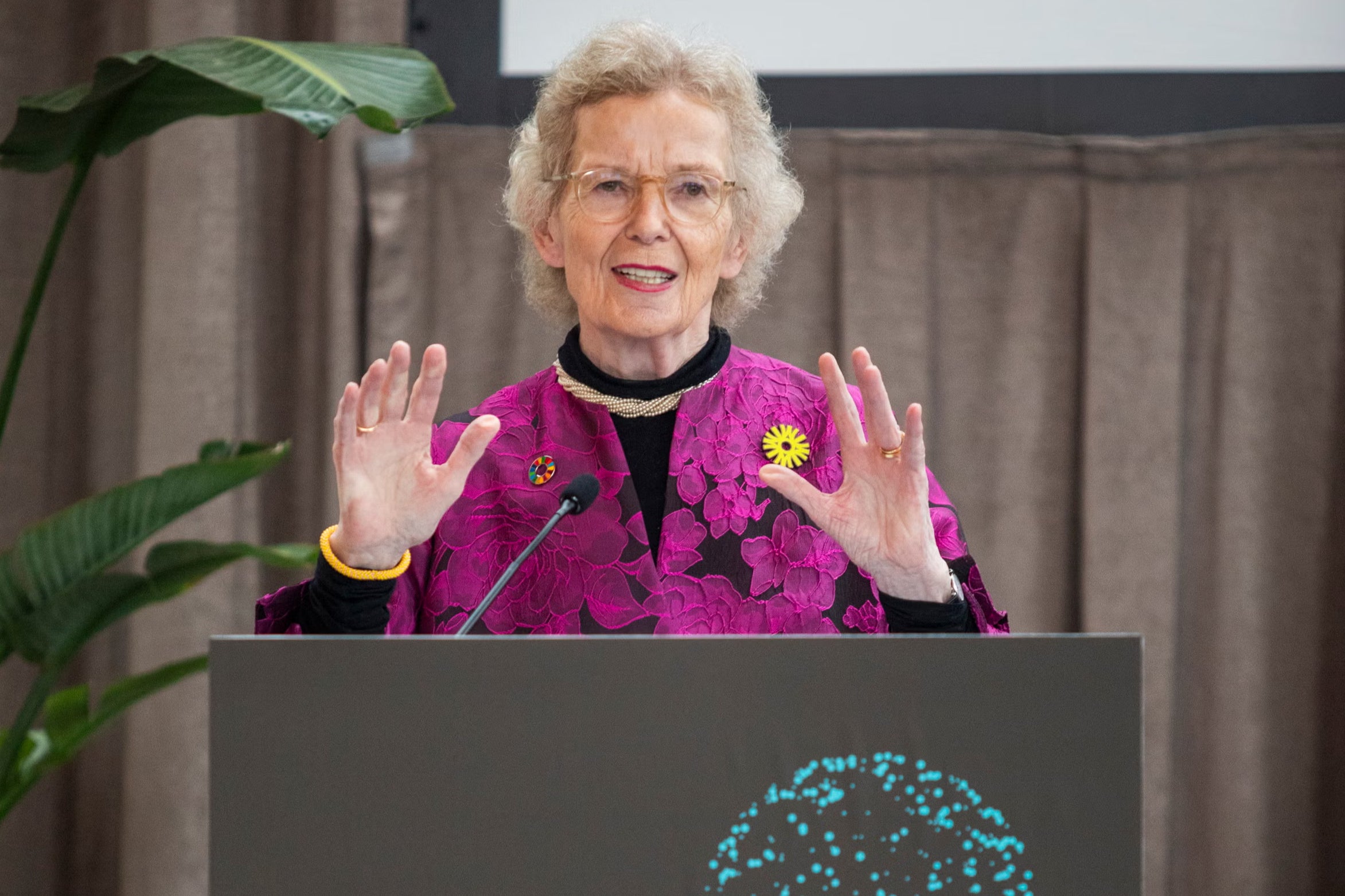 Former President of Ireland, Mary Robinson, speaks at the launch of the Planetary Guardians initiative in New York during the city’s annual climate week on September 18, 2023
