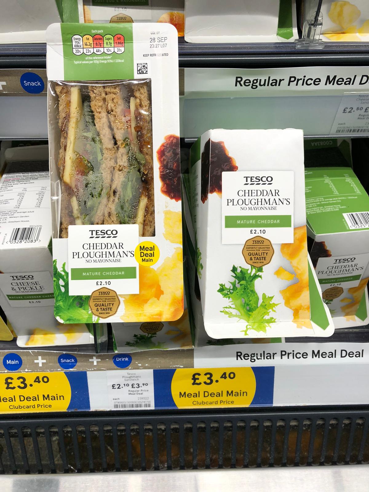 A ploughman’s sandwich costs ?2.10 at Tesco or ?3.90 as part of a meal deal including snack and drink without a clubcard