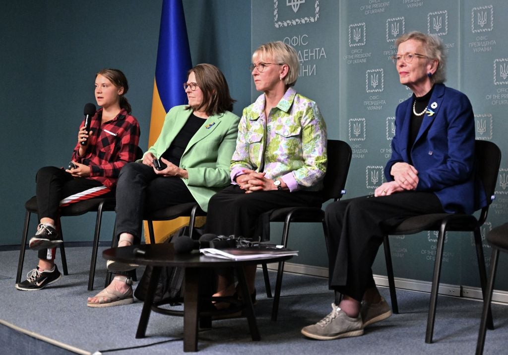 (From left) Swedish environmental activist Greta Thunberg, Vice-President of the European Parliament Heidi Hautala, former Deputy Prime Minister of Sweden Margot Wallstrom and Mary Robinson, ex-President of Ireland and former UN High Commissioner for Human Rights, in Kyiv, Ukraine in June 2023
