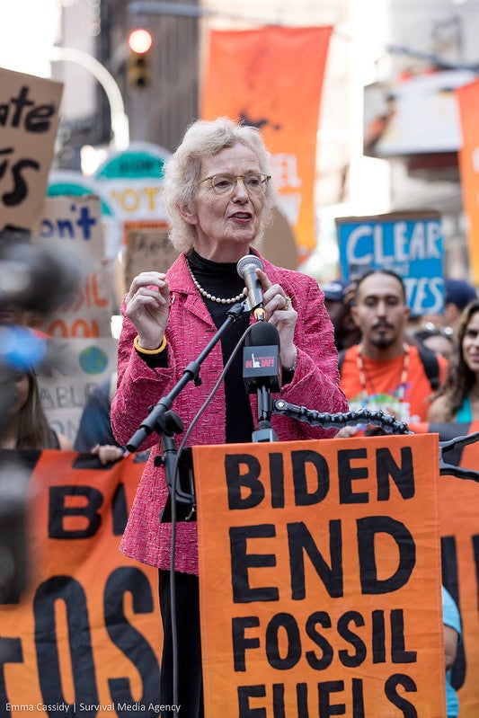 Mary Robinson speaks on Sunday, September 17, 2023, to the thousands of people gathered for the March to End Fossil Fuels in New York City. The march was part of a mass global escalation to end fossil fuels, with mobilizations occurring around the world