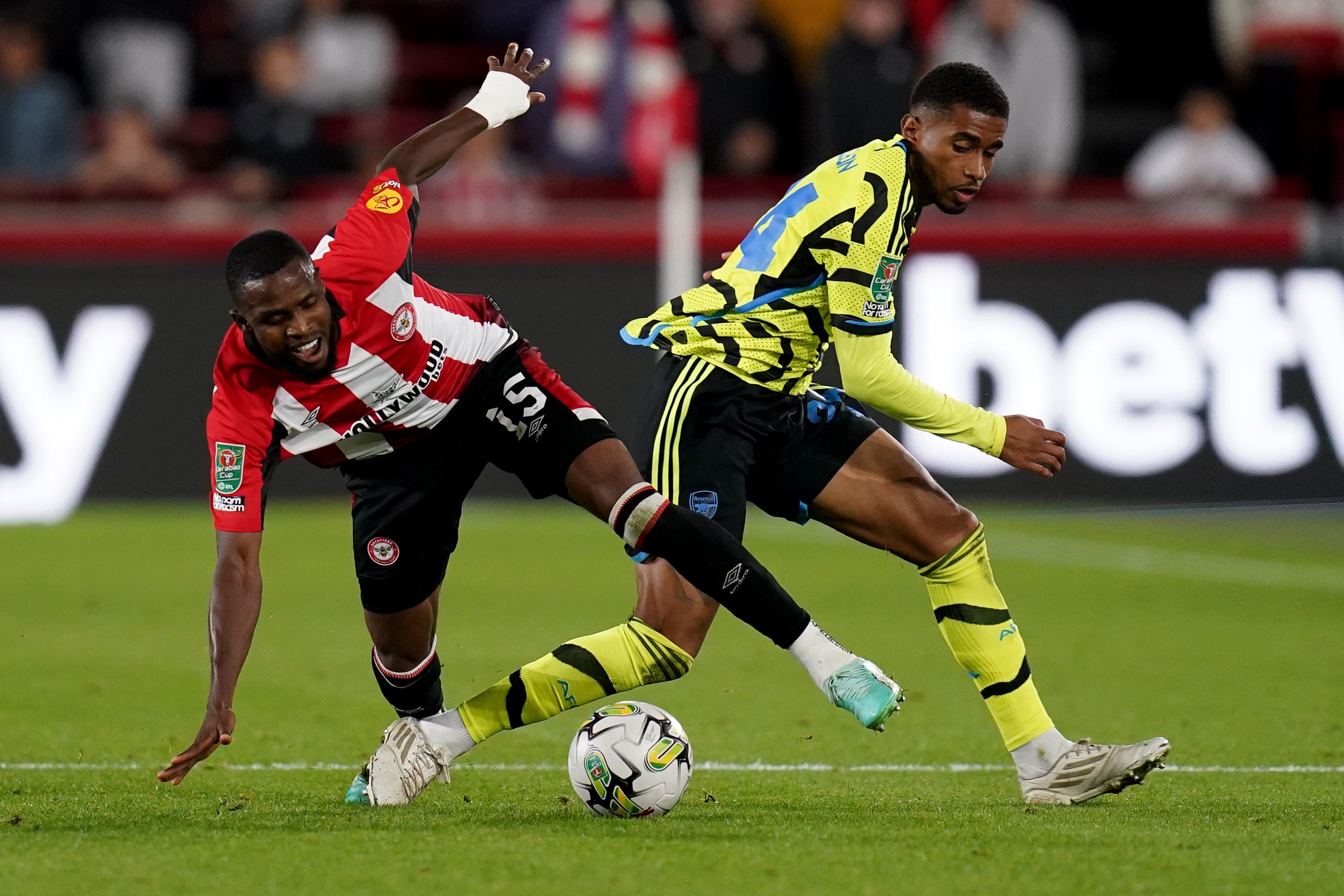 Frank Onyeka, left, battles for the ball with Reiss Nelson (John Walton/PA)