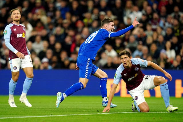 Everton’s James Garner celebrates his opener at Aston Villa (Nick Potts/PA)