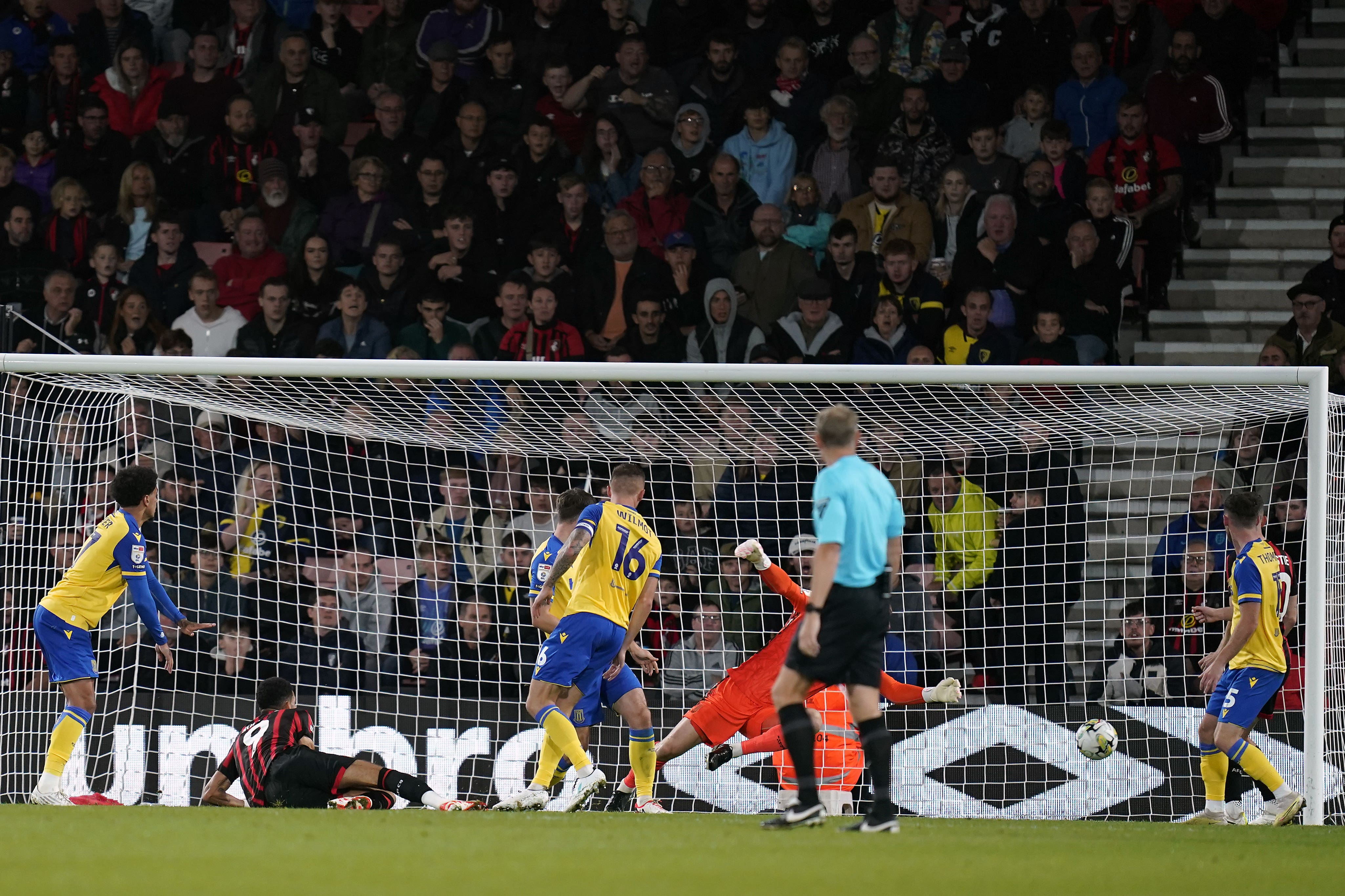 Dominic Solanke scores Bournemouth’s opener against Stoke (Andrew Matthews/PA)