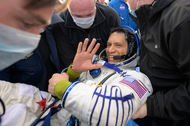 <p>NASA astronaut Frank Rubio is helped out of the Soyuz MS-23 spacecraft just minutes after he and Russian cosmonauts Sergey Prokopyev and Dmitri Petelin, landed in a remote area near the town of Zhezkazgan, Kazakhstan on Wednesday, Sept. 27, 2023.</p>