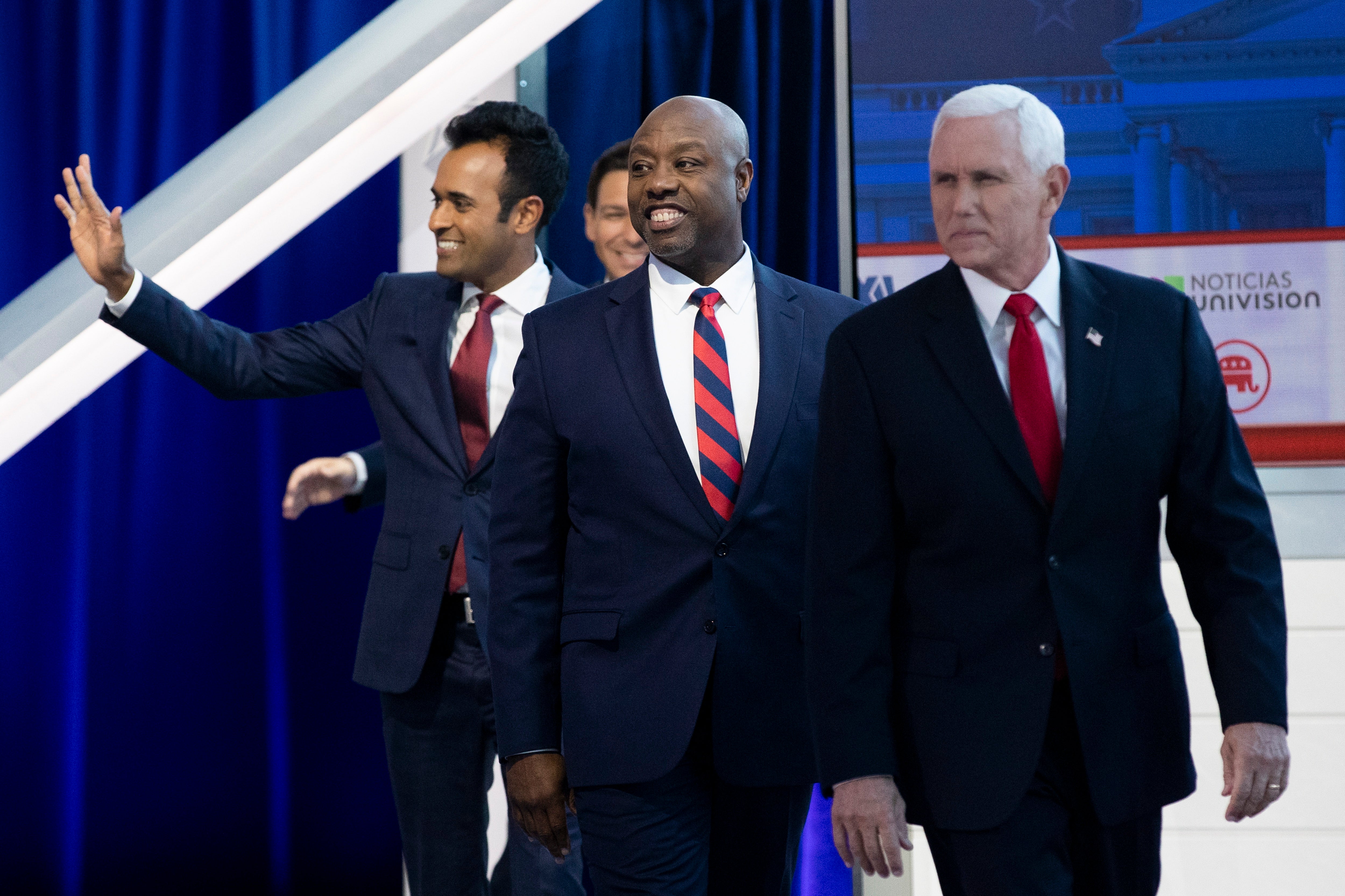 US entrepreneur Vivek Ramaswamy, South Carolina senator Tim Scott and former Vice President Mike Pence arrive on stage prior to the GOP FOX Business Presidential Debate at the Ronald Reagan Presidential Library in Simi Valley, California, USA, 27 September 2023