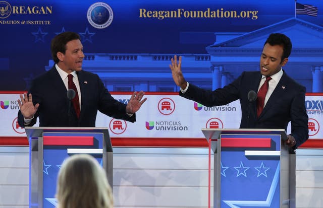 <p>Florida Governor Ron DeSantis and former biotech executive Vivek Ramaswamy debate each other during the second Republican candidates' debate of the 2024 U.S. presidential campaign at the Ronald Reagan Presidential Library in Simi Valley, California, U.S. September 27, 2023</p>