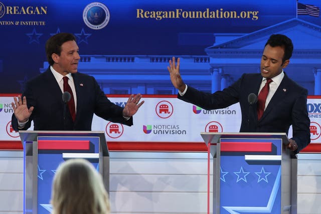 <p>Florida Governor Ron DeSantis and former biotech executive Vivek Ramaswamy debate each other during the second Republican candidates' debate of the 2024 U.S. presidential campaign at the Ronald Reagan Presidential Library in Simi Valley, California, U.S. September 27, 2023</p>
