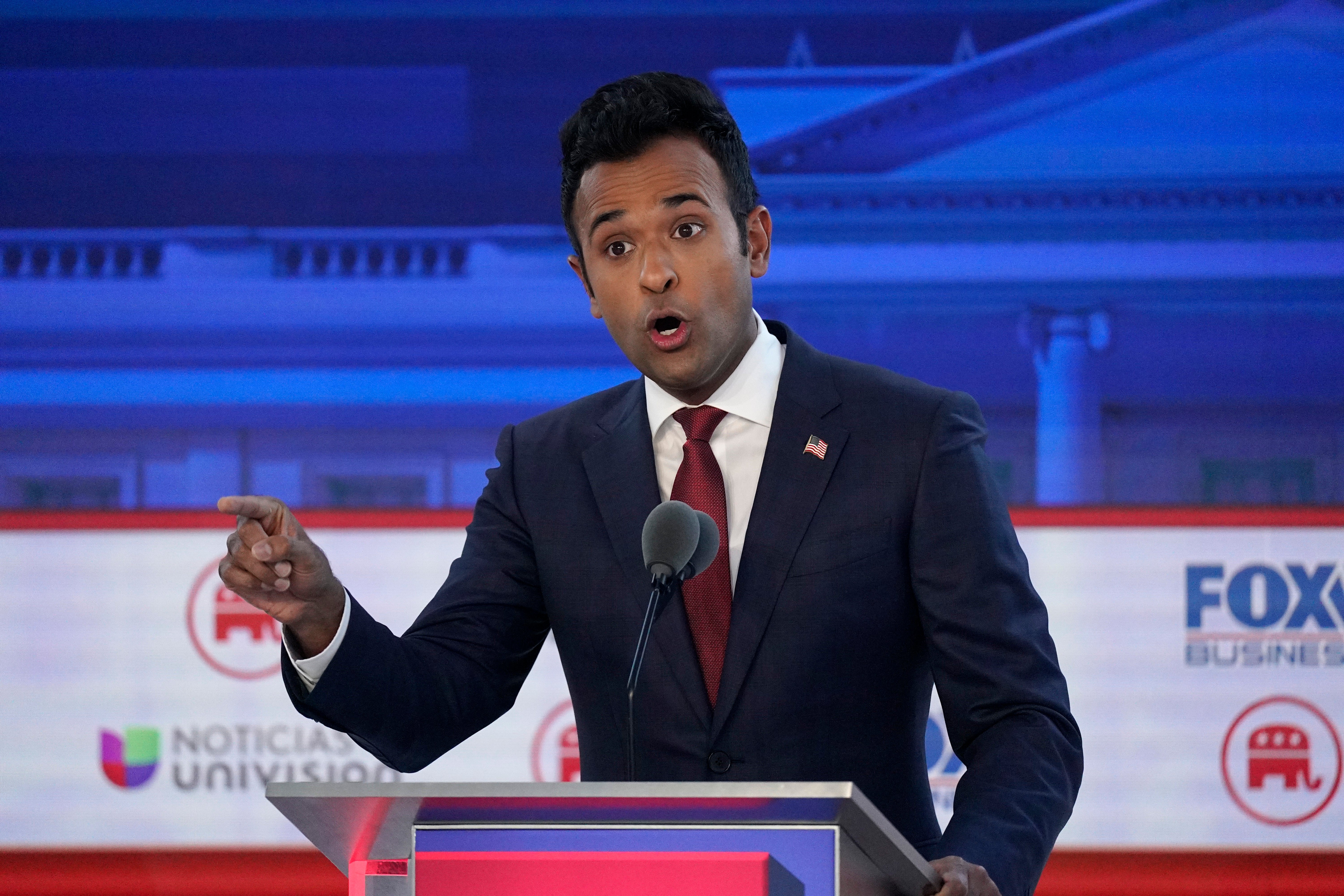 Businessman Vivek Ramaswamy speaks during a Republican presidential primary debate hosted by FOX Business Network and Univision, Wednesday, Sept. 27, 2023, at the Ronald Reagan Presidential Library in Simi Valley, Calif.