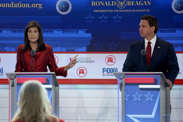 <p>Republican presidential candidates former U.N. Ambassador Nikki Haley and Florida Gov. Ron DeSantis participate in the FOX Business Republican Primary Debate at the Ronald Reagan Presidential Library on September 27, 2023 in Simi Valley, California. Seven presidential hopefuls squared off in the second Republican primary debate as former U.S. President Donald Trump, currently facing indictments in four locations, declined again to participate</p>