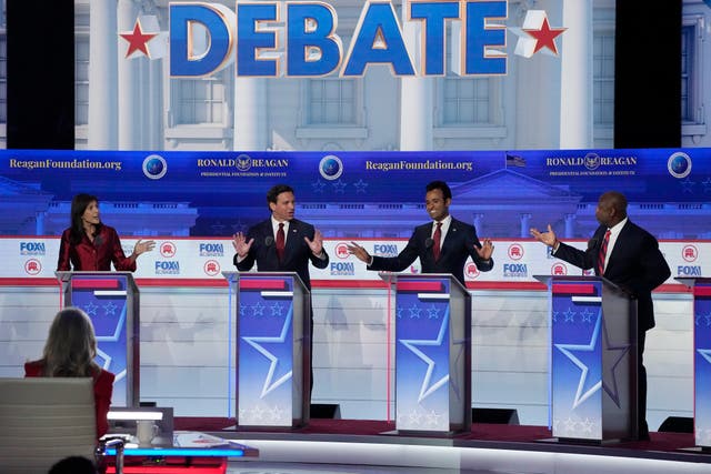 <p>From left to right, former U.N. Ambassador Nikki Haley, Florida Gov. Ron DeSantis, businessman Vivek Ramaswamy and Sen. Tim Scott, R-S.C., argue a point during a Republican presidential primary debate hosted by FOX Business Network and Univision</p>
