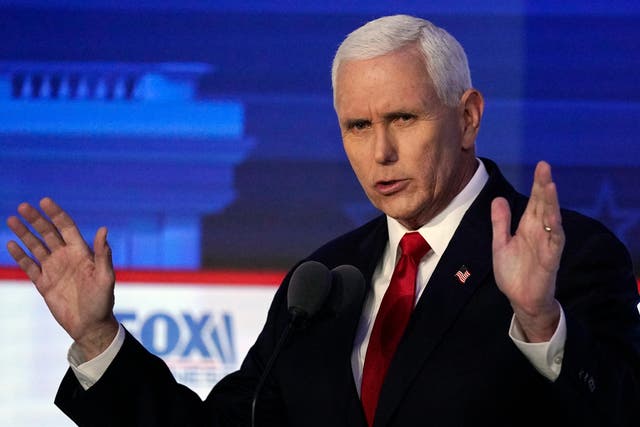 <p>Former Vice President Mike Pence speaks during a Republican presidential primary debate hosted by FOX Business Network and Univision, Wednesday, Sept. 27, 2023</p>