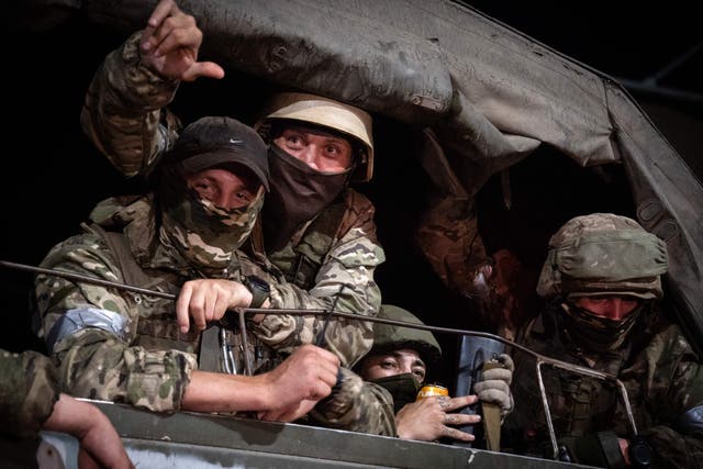 <p>File: Members of Wagner group looks from a military vehicle in Rostov-on-Don</p>