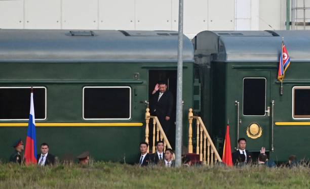 This pool image distributed by Sputnik agency shows North Korea’s leader Kim Jong Un leaving Vostochny Cosmodrome in Amur region on 13 September 2023