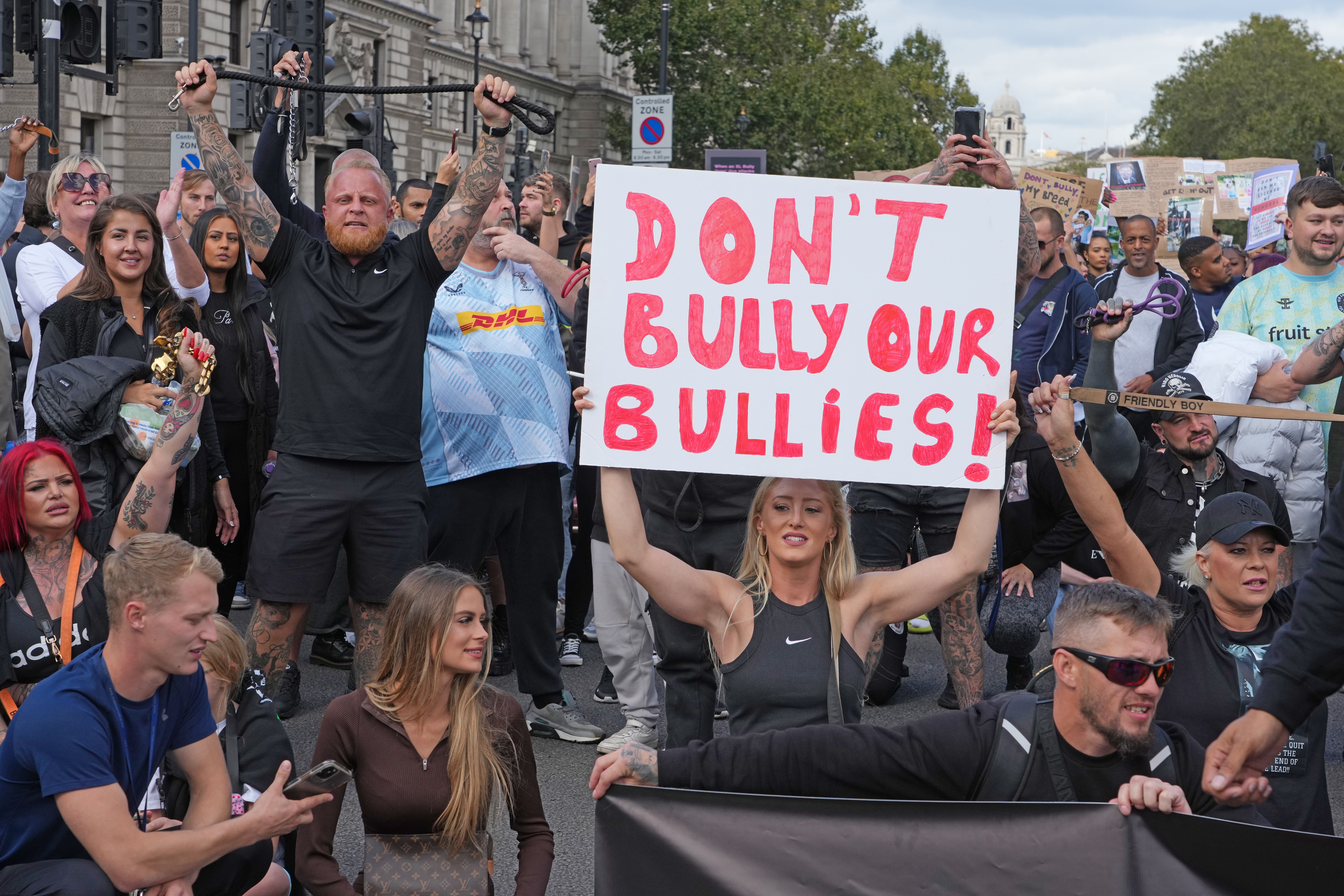 People took part in a protest in central London, against the Government’s decision to add XL bully dogs to the list of prohibited breeds under the Dangerous Dogs Act (Jeff Moore/PA)