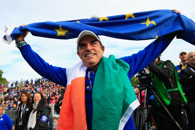 <p>Paul McGinley celebrates Team Europe’s win at Gleneagles in 2014</p>