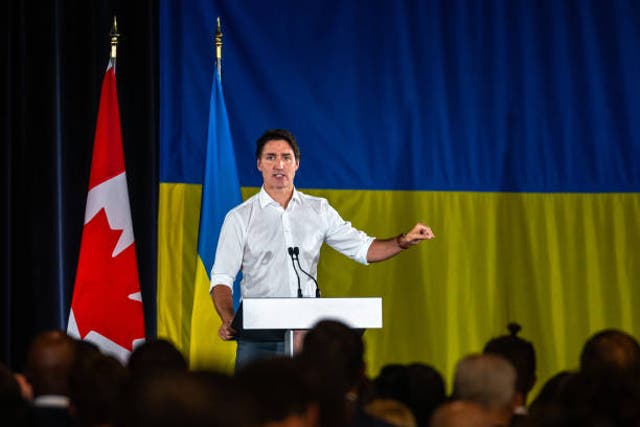 <p>Canadian prime minister Justin Trudeau speaks on stage during a rally with Ukrainian president Volodymyr Zelensky at Fort York on 22 September 2023</p>